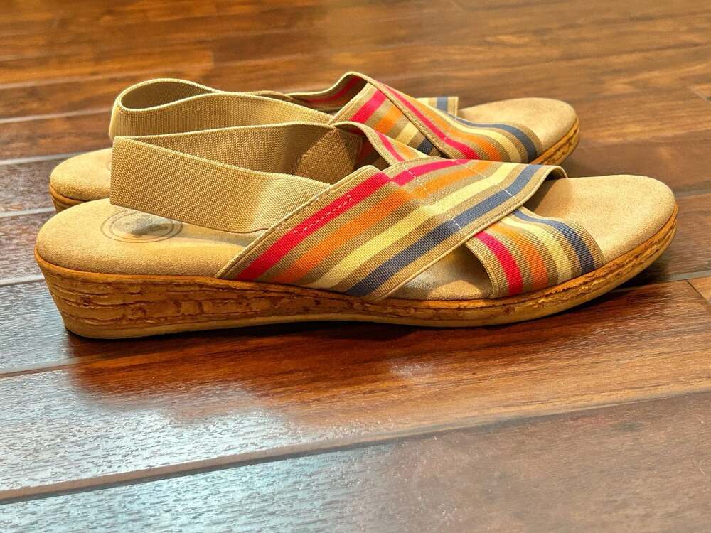 Charleston Shoe Co. Atlantic Stripe Elastic Cross-Strap Wedge Sandals Resort - Picture 8 of 15